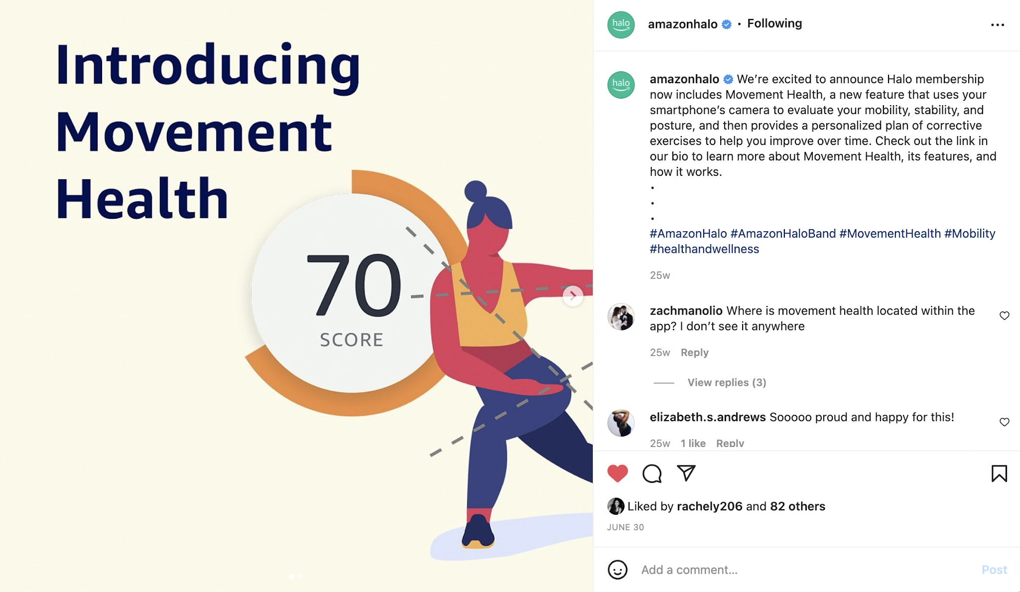Instagram launch post with real engagement from the Halo community